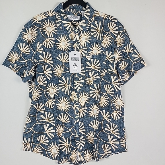 NWT Penguin Men's Blue Wing Teal Viscose Short Sleeve Shirt Size L Retail $95 - Picture 1 of 6